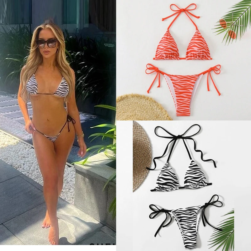 

Zebra Stripes Micro Bikini Set Women Sexy Swimsuit Halter Lace Up Two-Piece Swimwear Bathing Suit Beachwear Купальник Женский