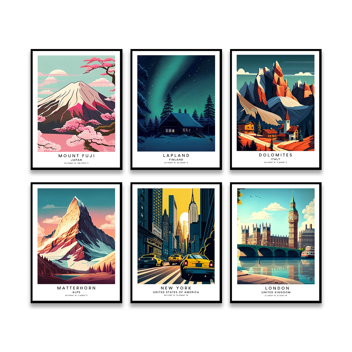 Amsterdam London New York Zermatt Matterhorn Lapland Ben Nevis Dolomites Gunung Fuji. Poster Pemandangan Perjalanan Kota