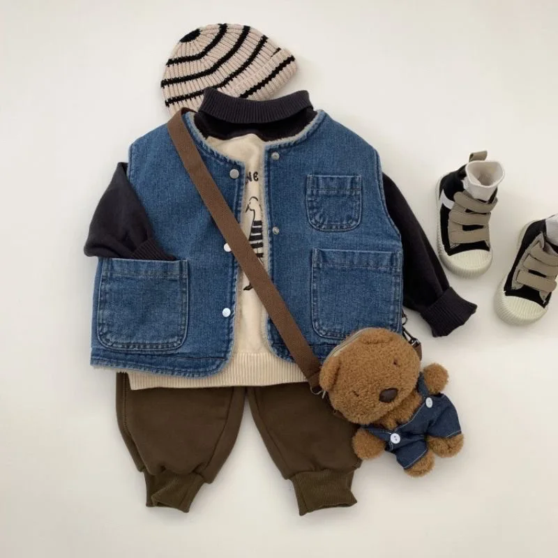 

Winter Ins Infant Baby Boys Top Round Neck Sleeveless Denim Infant Baby Boy Vest Pocket Single Button Placket Toddler Boys Tops