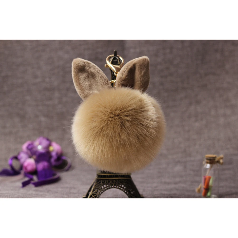

Pom Pom Rabbit Ear Keyring Khaki Soft Ball Keychain Bag Charm Pendant Gift for Women Girls Car Key Accessory Key Chain Pendant