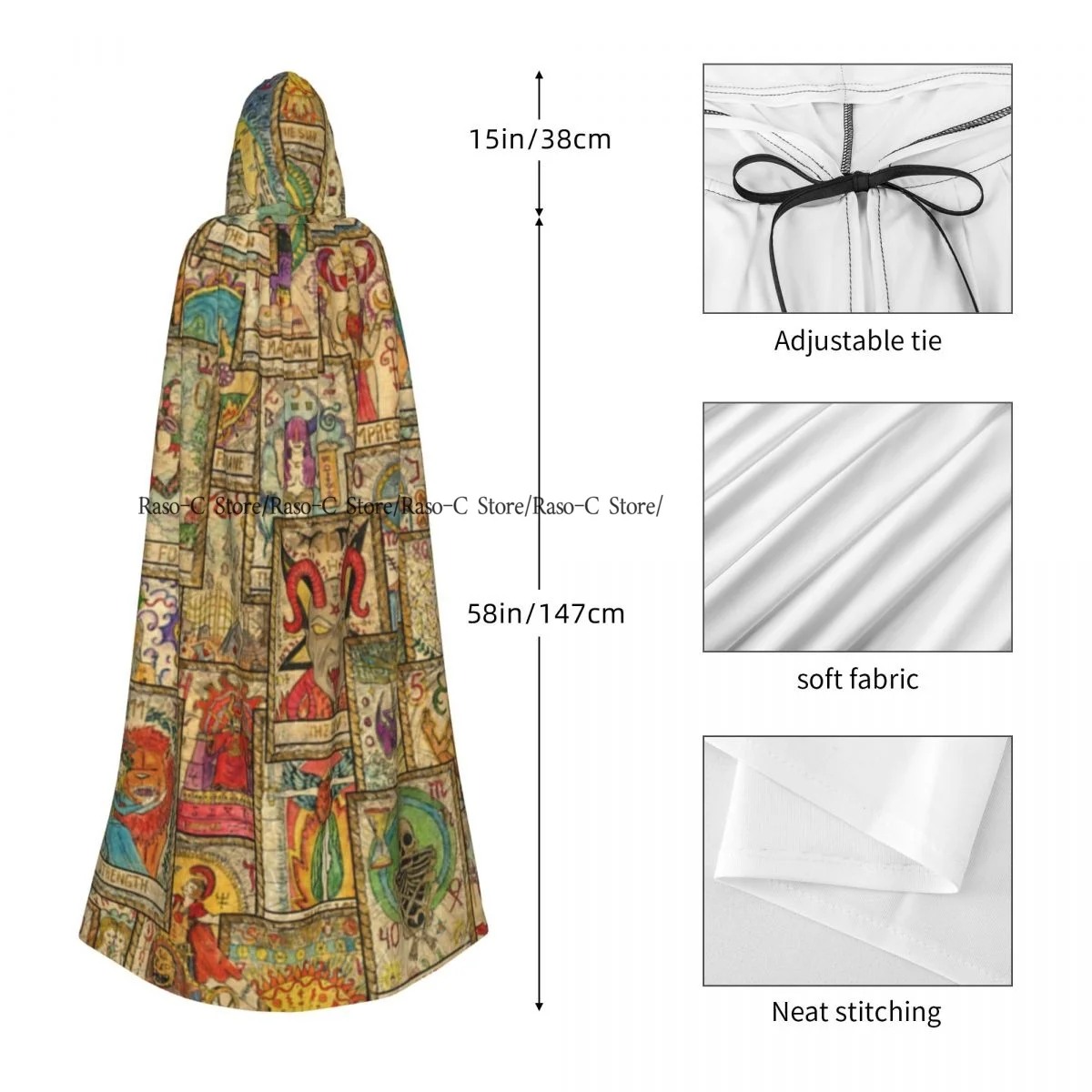 Hooded Cloak Unisex Cloak with Hood Tarot Cards In Diagonal Occult Esoteric Wicca Cloak Vampire Witch Cape Cosplay Costume