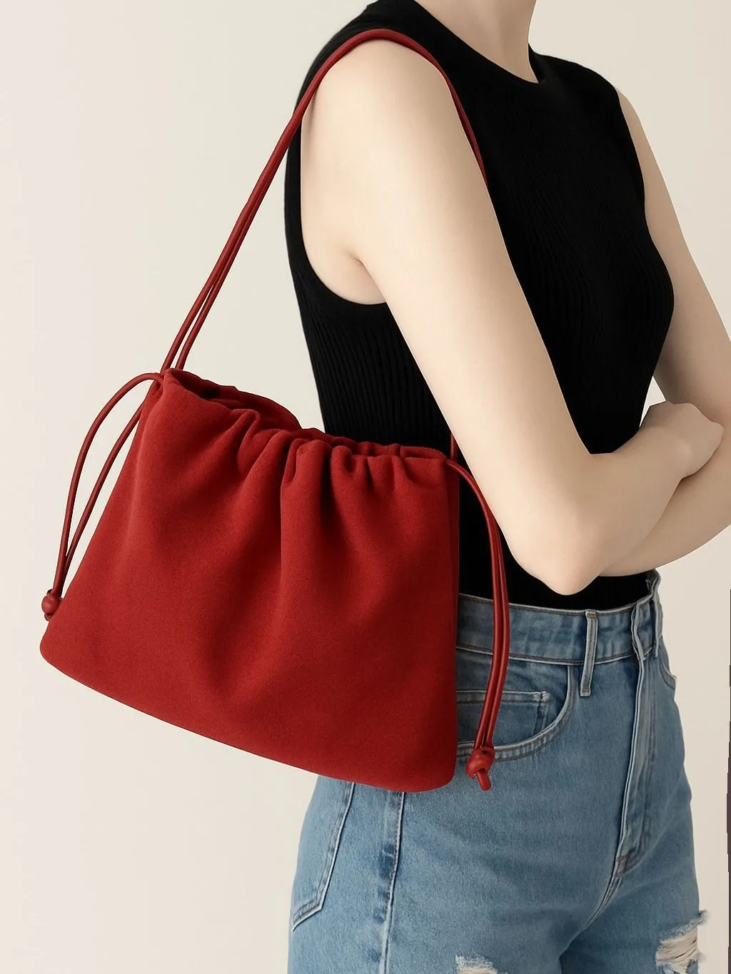 

FIRMRANCH Vintage Simple Drawstring Furoshiki Design Women's Frosted Cowhide Single Shoulder Armpit Bag Crossbody Cloud Purse