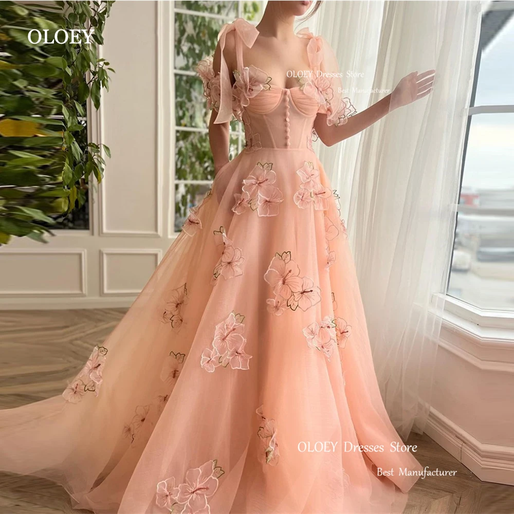 

OLOEY Fairy Blush Pink Tulle Prom Evening Dresses Straps Sweetheart Flowers Prom Gowns With Pocket 2023 Vestido de noche