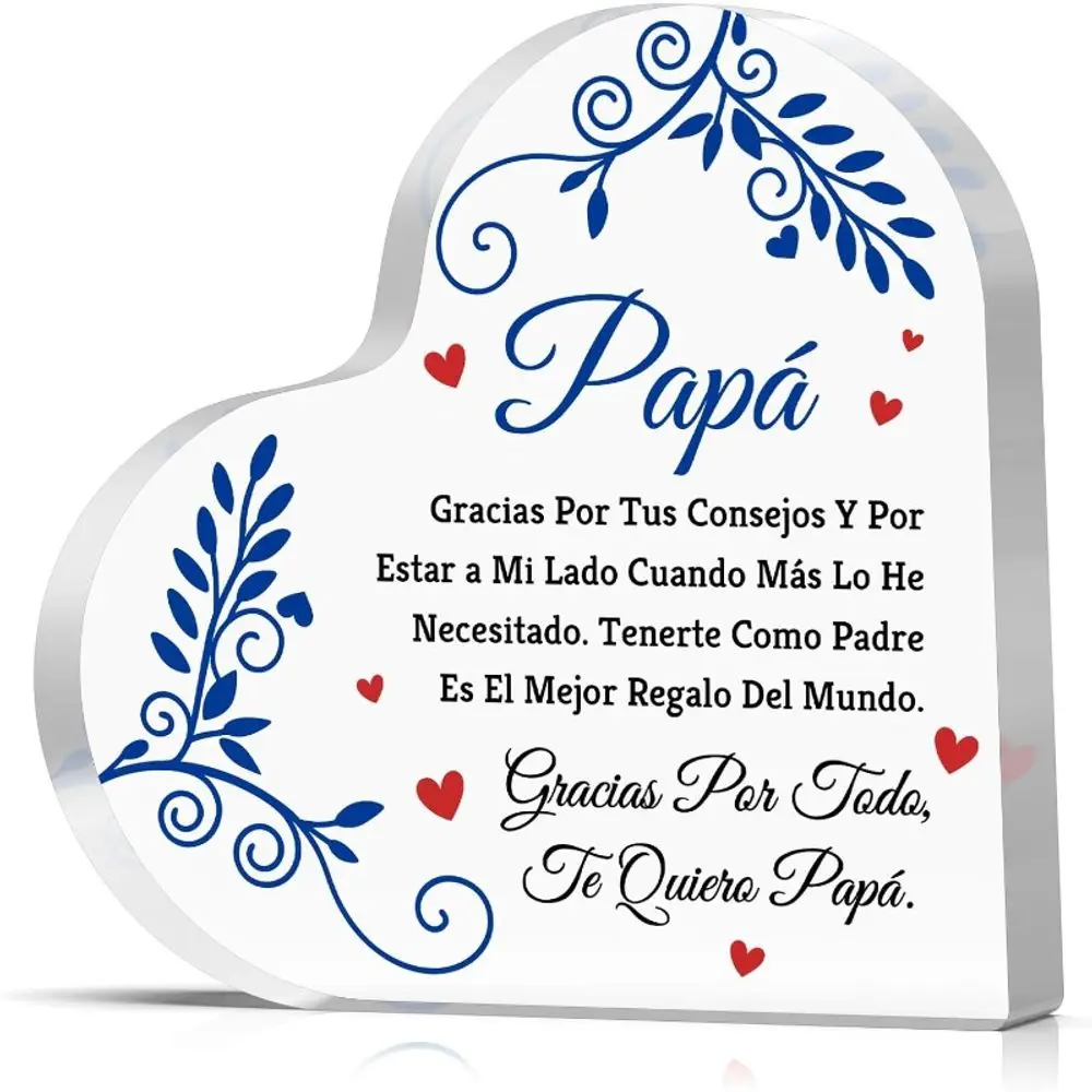 Dad Birthday & Father's Day Acrylic Heart Plaque, Spanish Gift from Daughter & Son, Christmas Thanksgiving Desk Decor for Papa