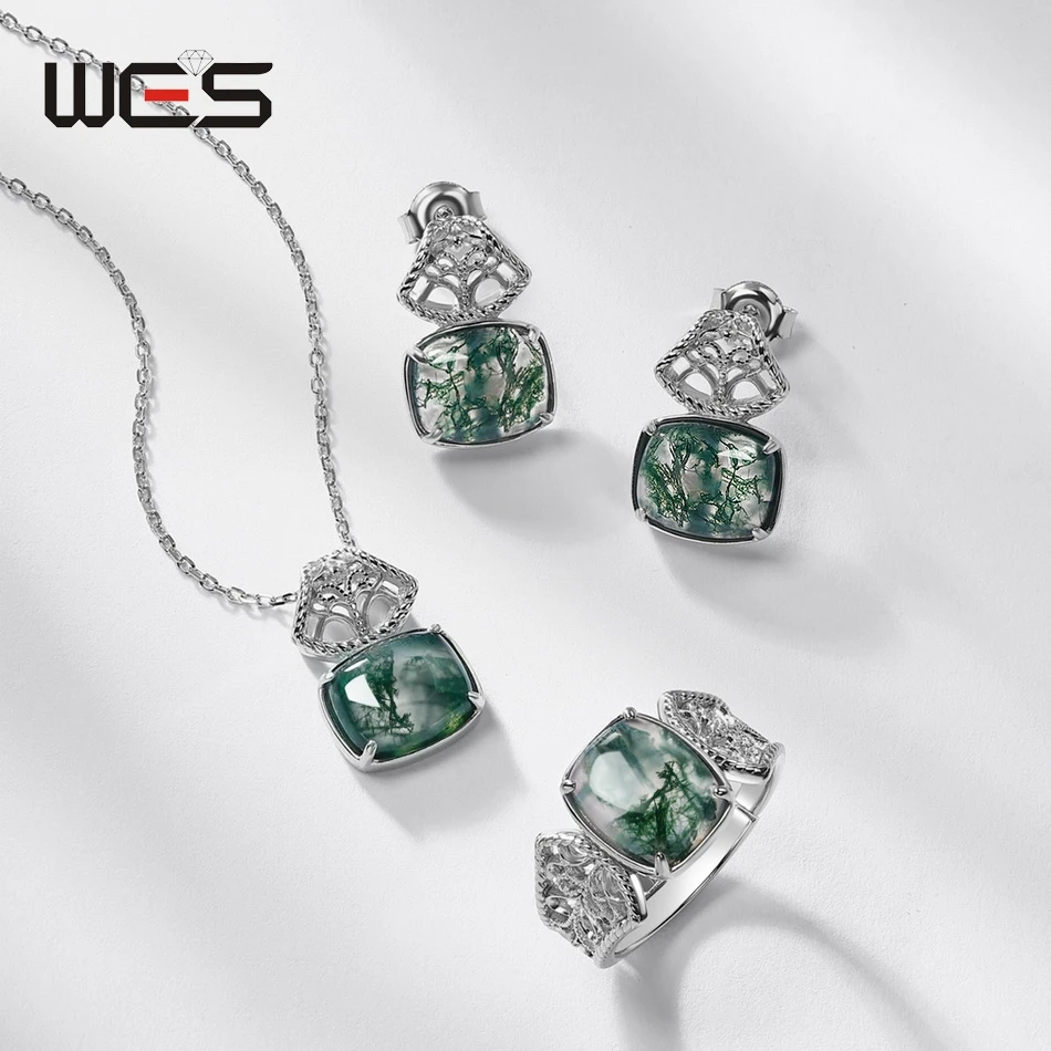 

WES 925 Sterling Silver Natural Gemstone 8*10mm Moss Agate Jewelry Set for Women Wedding Gifts Wholesale Rhodium Plated