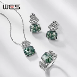 WES 925 Sterling Silver Unique Natural Gemstone 8*10mm Moss Agate Jewelry Set for Women Wedding Gifts Wholesale Rhodium Plated