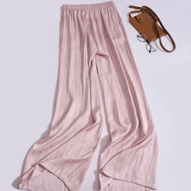 Calça feminina de pernas largas de cetim, calça fina de cintura alta, cordão de seda, calça reta solta, verão