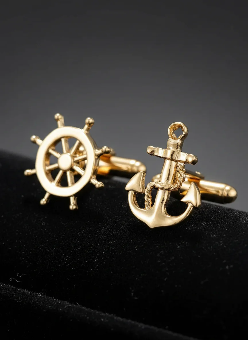 2Pcs/Set New Golden Ship Anchor and Rudder Shaped Mens Cufflinks French Shirt Suit Tuxedo Blouse Cuff Button