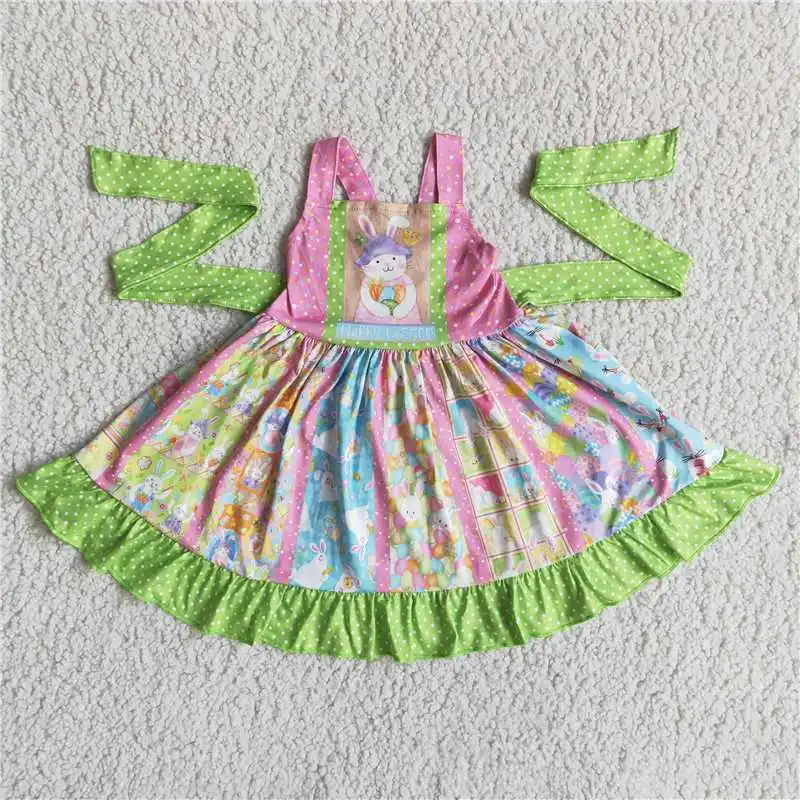 Wholesale Summer Girls Small Flying Sleeves Easter Dress With  ColorSplicing And Belt Ruffle