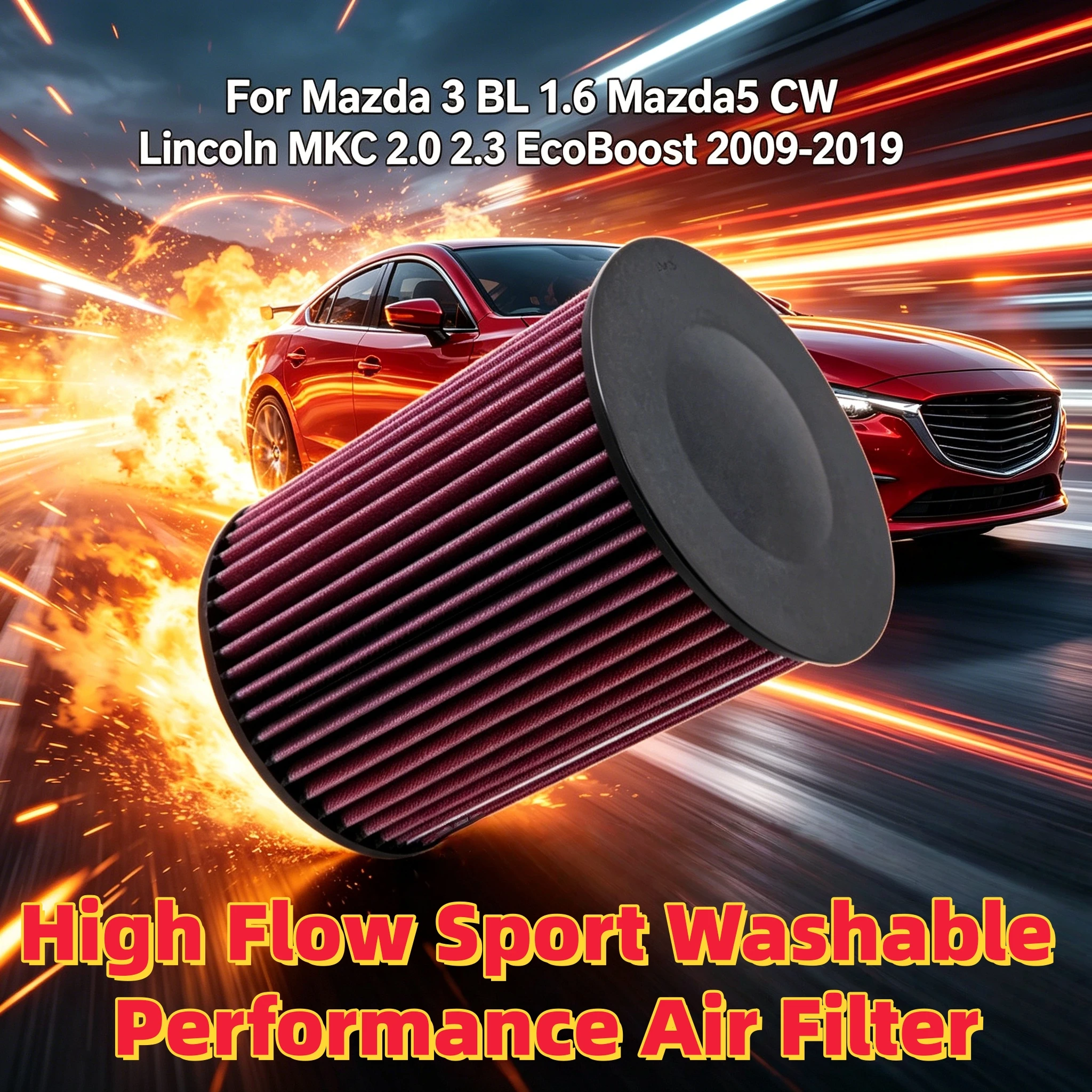 

For Mazda 3 BL 1.6 Mazda5 CW Lincoln MKC 2.0 2.3 EcoBoost 2009-2019 High Flow Sport Washable Performance Round Air Filter E-2993