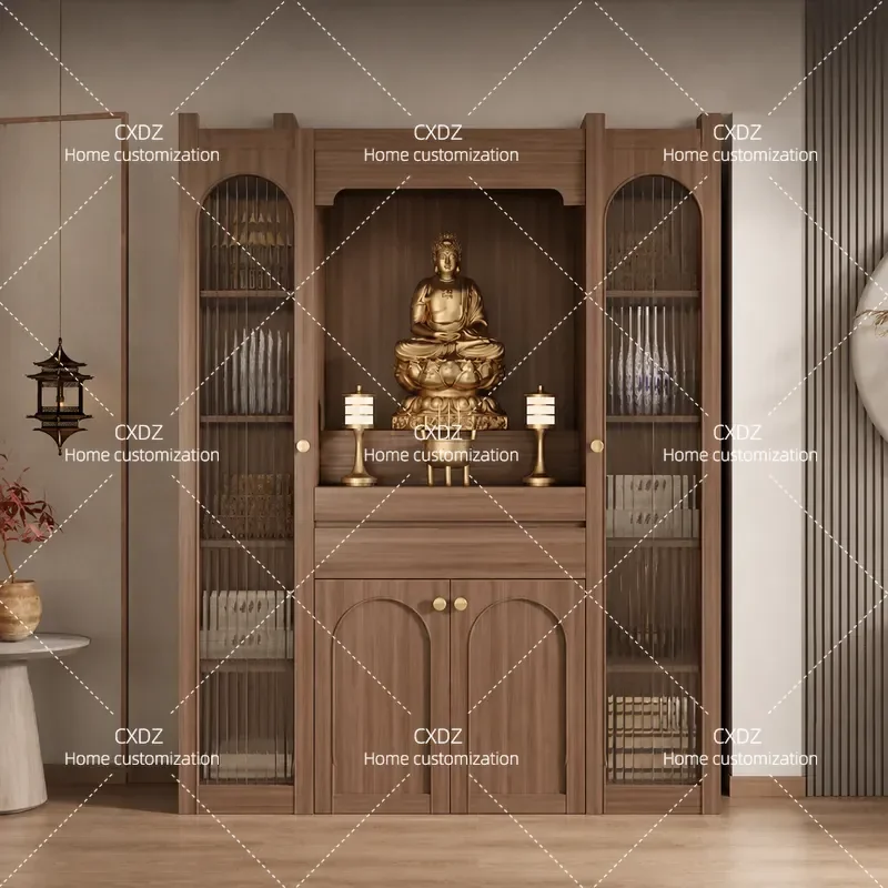 New Chinese Style Solid Wood Double Layer Vertical Cabinet Buddhist Niche Offering Counter for Home Decor