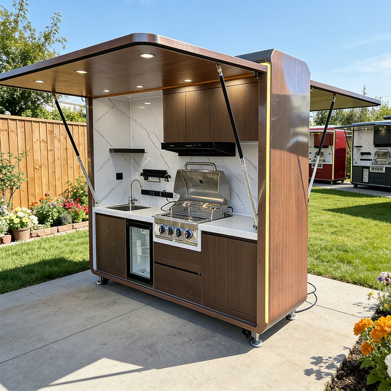 New Outdoor Automatic Door BBQ Kitchen Pod Stainless Steel Multifunctional 4-Wheel Food Trailer with BBQ Grill Tank Customized