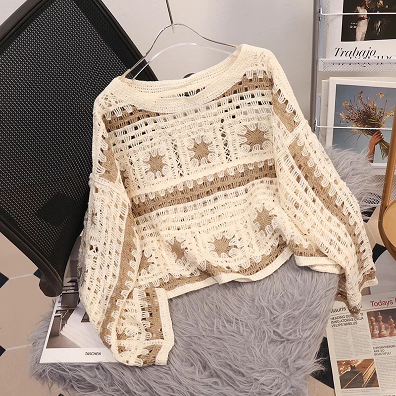 Oma vierkante gehaakte gebreide top voor dames Bell Sleeve opengewerkte gebreide trui Pullover tienermeisje Boho strandvakantie-outfit