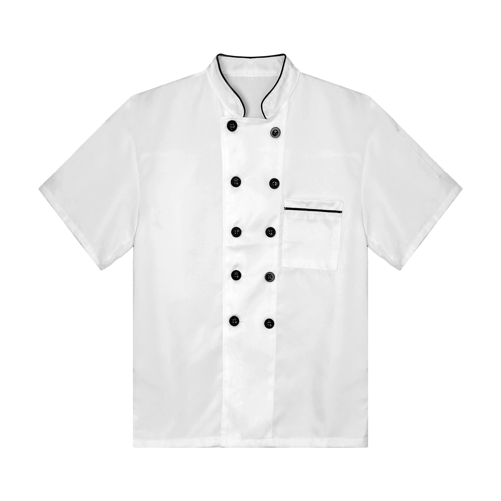 Men Short/Long Sleeve Chef Shirt Restaurant Kitchen Uniform Stand Collar Double-Breasted Jacket with Pocket Cooks Work Wear