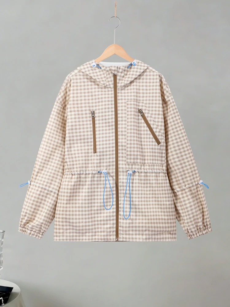 Karierte Kapuzenjacken mit elastischem Bund und Kordelzug für Damen, Streetwear, lange Ärmel, locker sitzende Jacken, Frühlings-Chic-Oberbekleidung für Damen – Detail 3