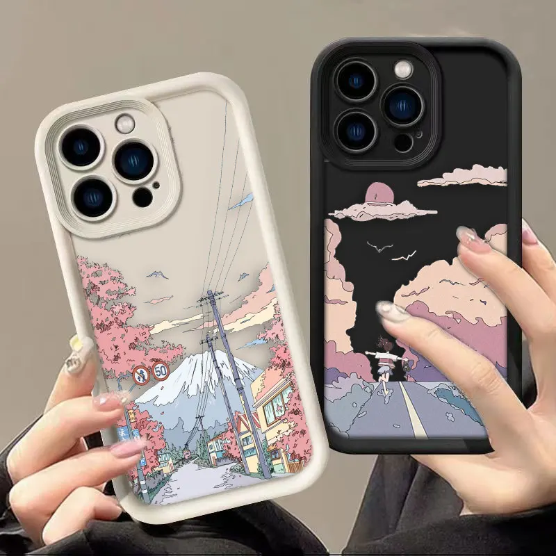 Romantic Scenery Cherry Phone Case For IPHONE APPLE 17 AIR 16 16E 11 12 13 MINI 14 15 8 7 XR Plus Pro Max Silicone Cover Case