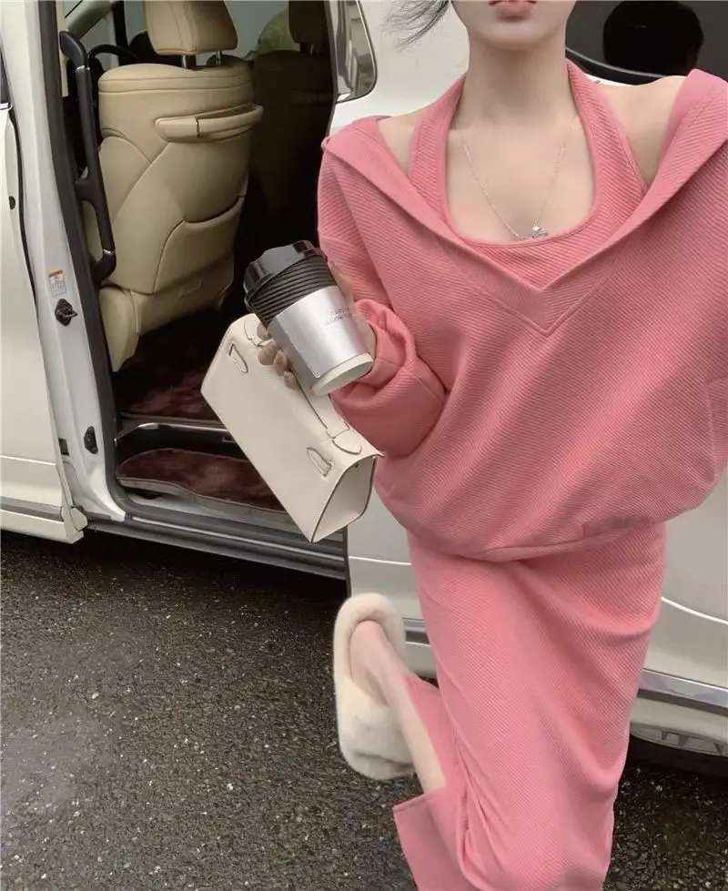 Autumn Winter Skirt 2 Piece Set Women Korean Casual Hooded Sweatshirt Sling Dress Sets Loose Hoodie Dress Sets Women'S Clothing