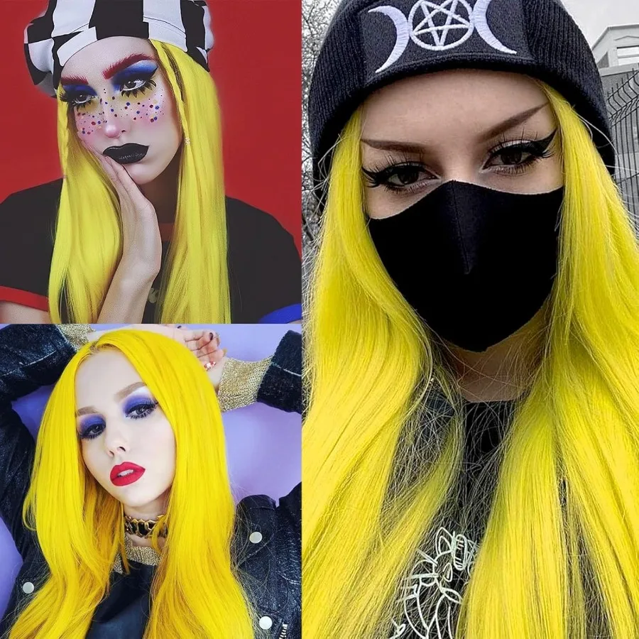 الليمون الأصفر الدانتيل الجبهة الباروكات الاصطناعية حريري مستقيم مثير الأصفر اليد تعادل استبدال الباروكات مقاومة للحرارة للحزب تأثيري D #5