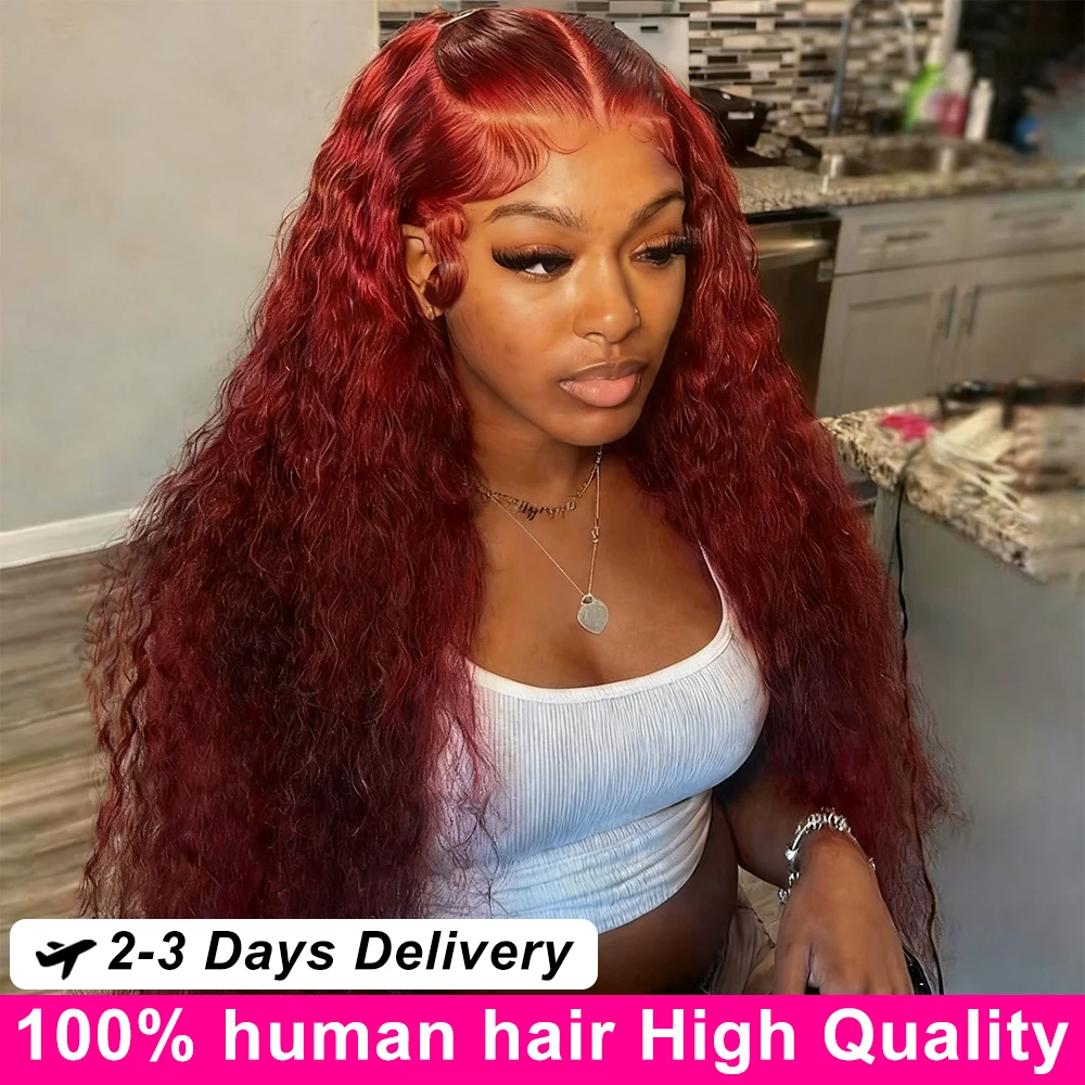 

13x6 Hd Lace Frontal Human Hair Wig Deep Wave Curly Human Hair Wigs Water Wave Colored 99j Red 30 Inch Lace Front Wig For Women
