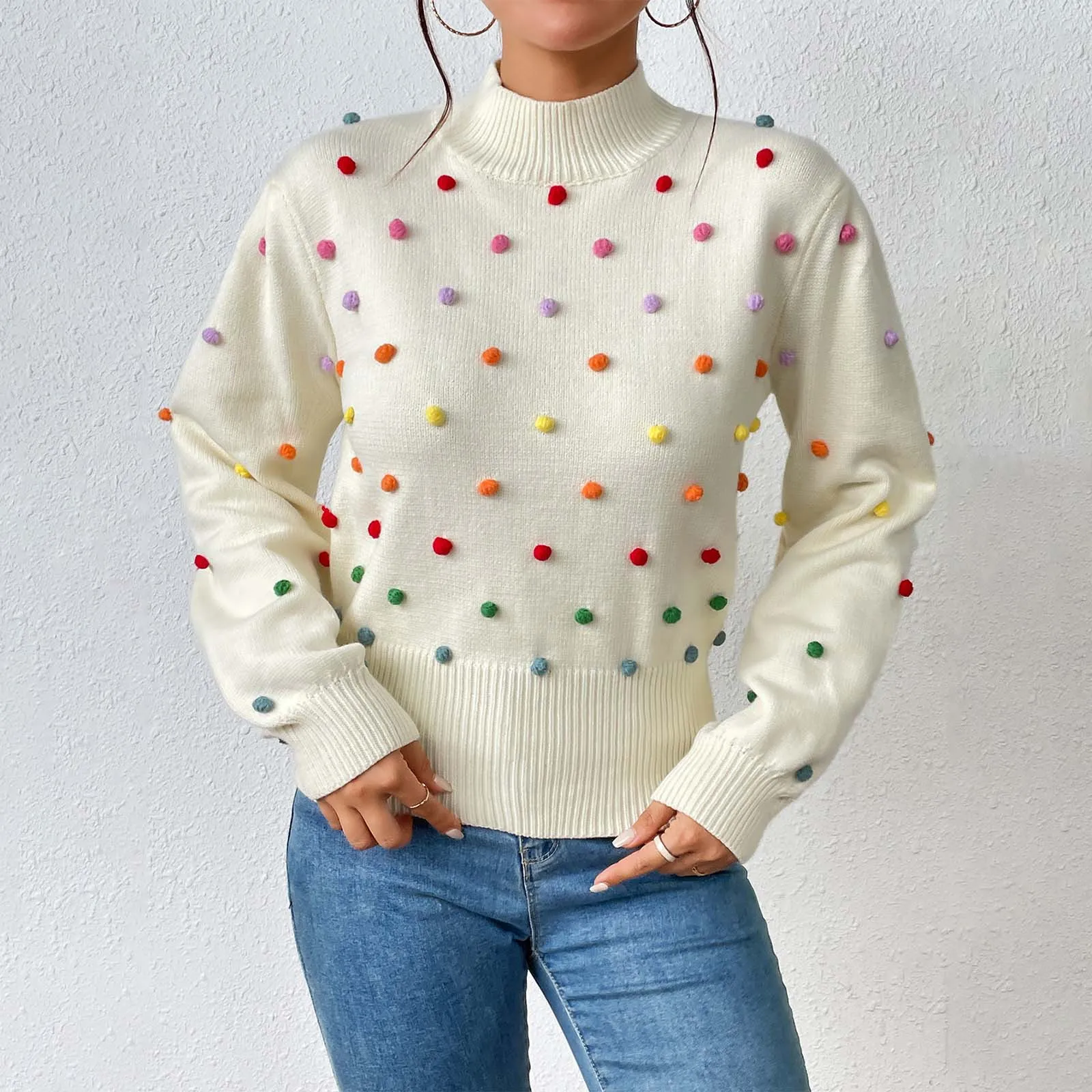 

Chic Round Neck Colorful Yarn Ball Knitted Sweater For Women Elegant Autumn Winter Pullover Tops Half Turtleneck Casual Sweater