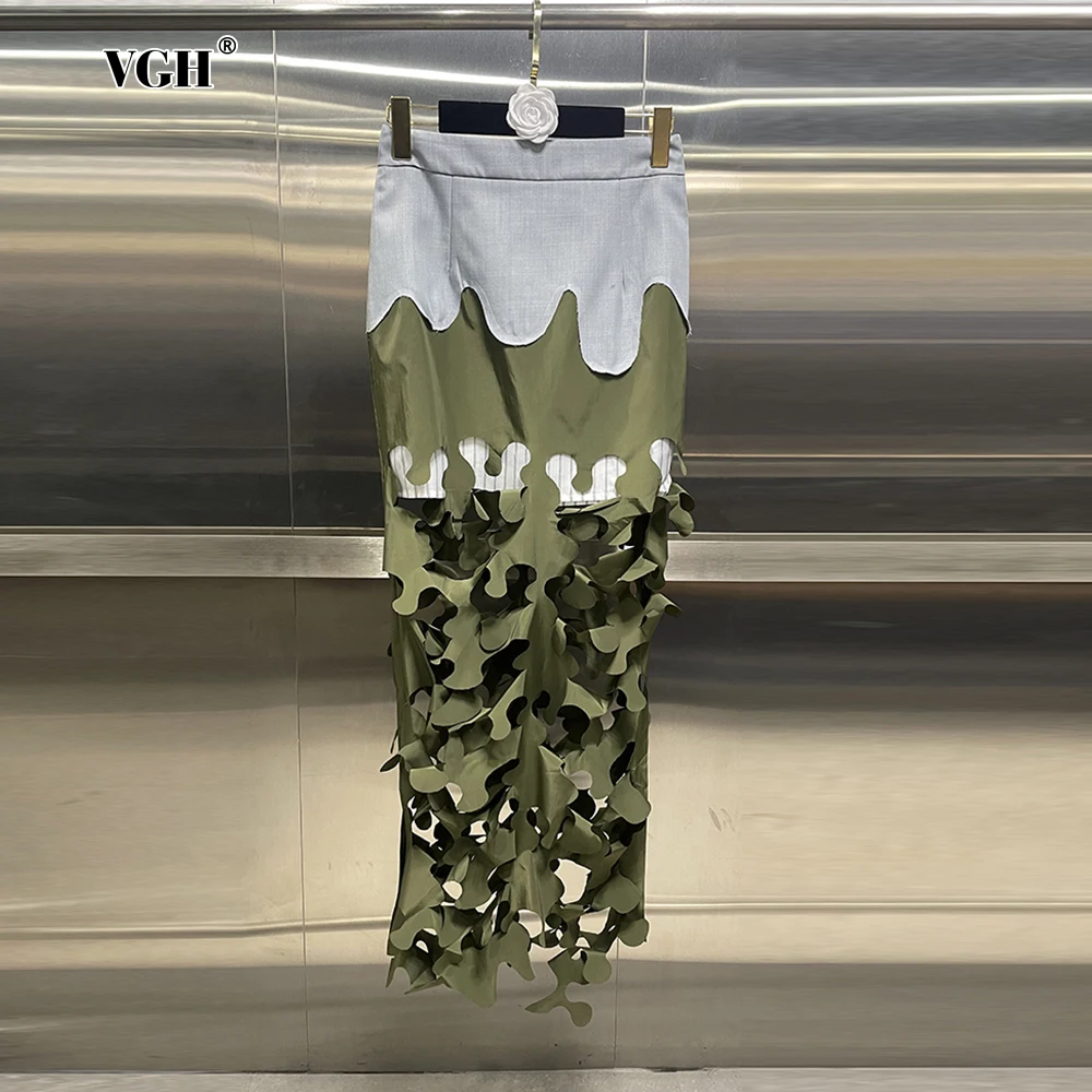 

VGH Hit Color Hollow Out Casual Irregular Skirts For Women High Waist Spliced Zipper Streetwear Long Skirt Female Fashion New