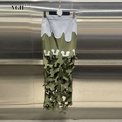 VGH Hit Color Hollow Out Casual Irregular Skirts For Women High Waist Spliced Zipper Streetwear Long Skirt Female Fashion New