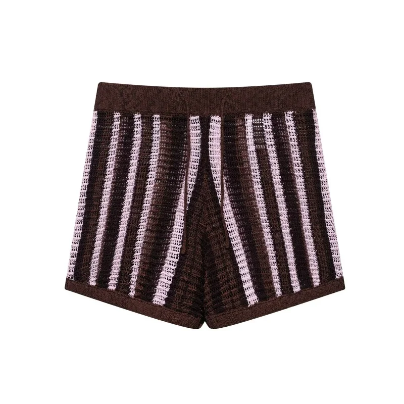 여성 빈티지 니트 스트라이프 반바지 세트 폴로 칼라 반팔 풀오버 스웨터 하이 웨이스트 스트레이트 반바지 여름 streetwear