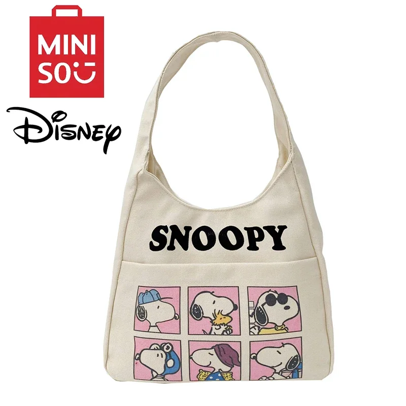 MINISO Disney Serie Cartoon Casual Canvas Bag Cute Snoopy Shoulder Bag Printed Underarm Bag Fashionable Large Capacity Handbag