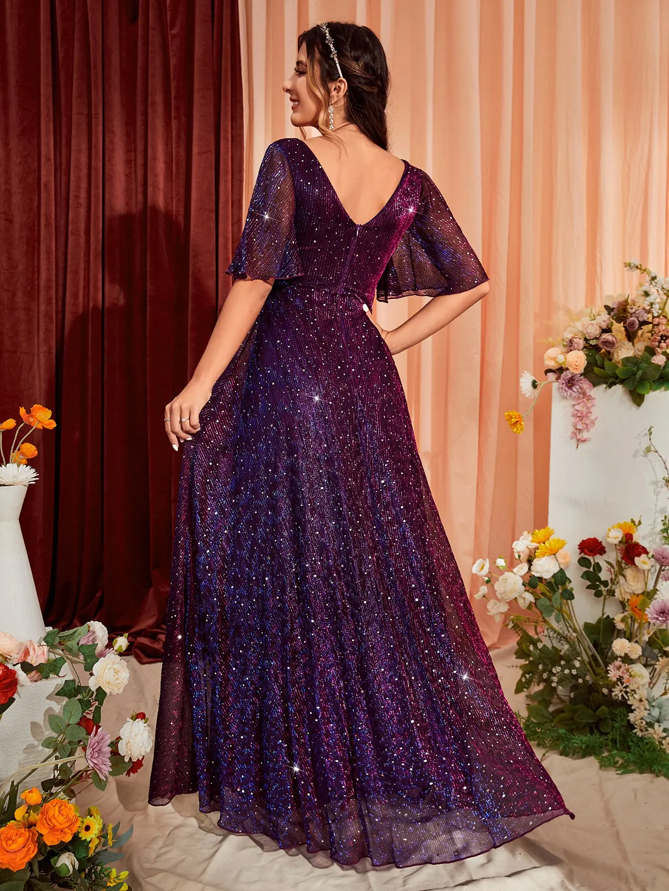 Unithorse Butterfly Sleeve Glitter Maxi Bridesmaid Dress