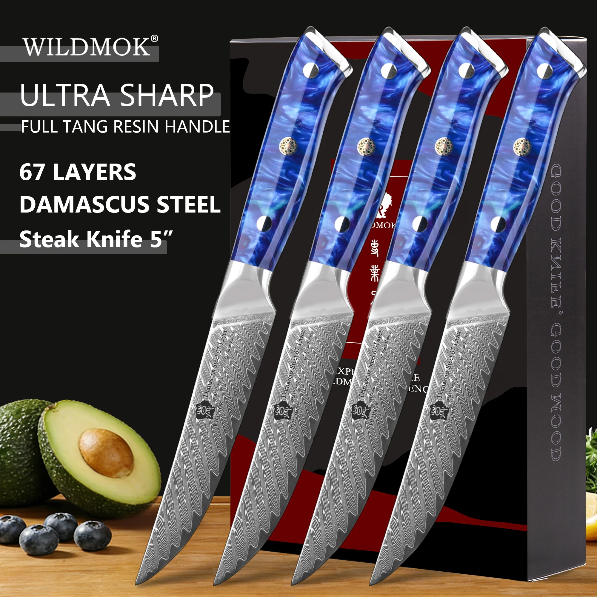 WILDMOK 5 Inch Non Serrated Steak Knife Set 4Pcs Japanese 67 Layers VG10 Damascus Steel Blue Resin Handle Dinner Cutlery