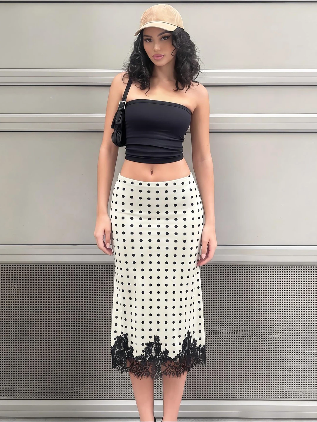 Elegant Office Lady Style Polka Dot Print Lace Splice Slim Fit  Skirt for Women Breathable Skin-Friendly Polyester Blend