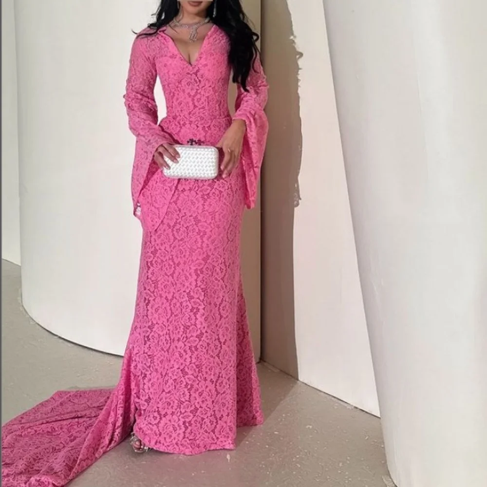 Customized Mermaid Lace Prom Gowns V-neck Sweep Train Evening Dresses Side Slit Long Sleeve Party Dresses فساتين سهرة