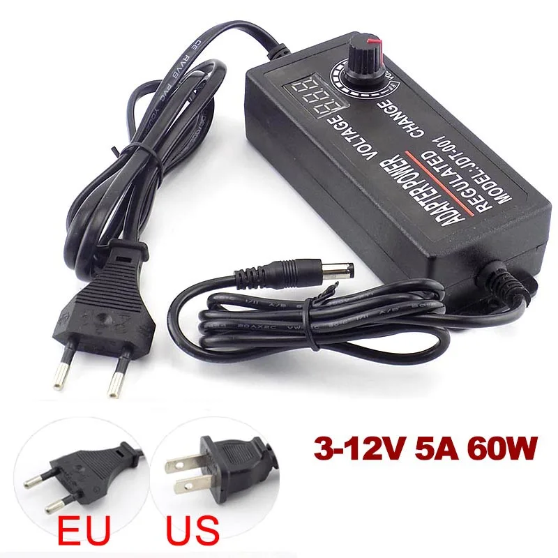 Display Screen Universal Adjustable AC DC 3-12V Volt 5A 60W Power Adapter wall Plug LED Strip Light Driver Adaptor CCTV k5 M20