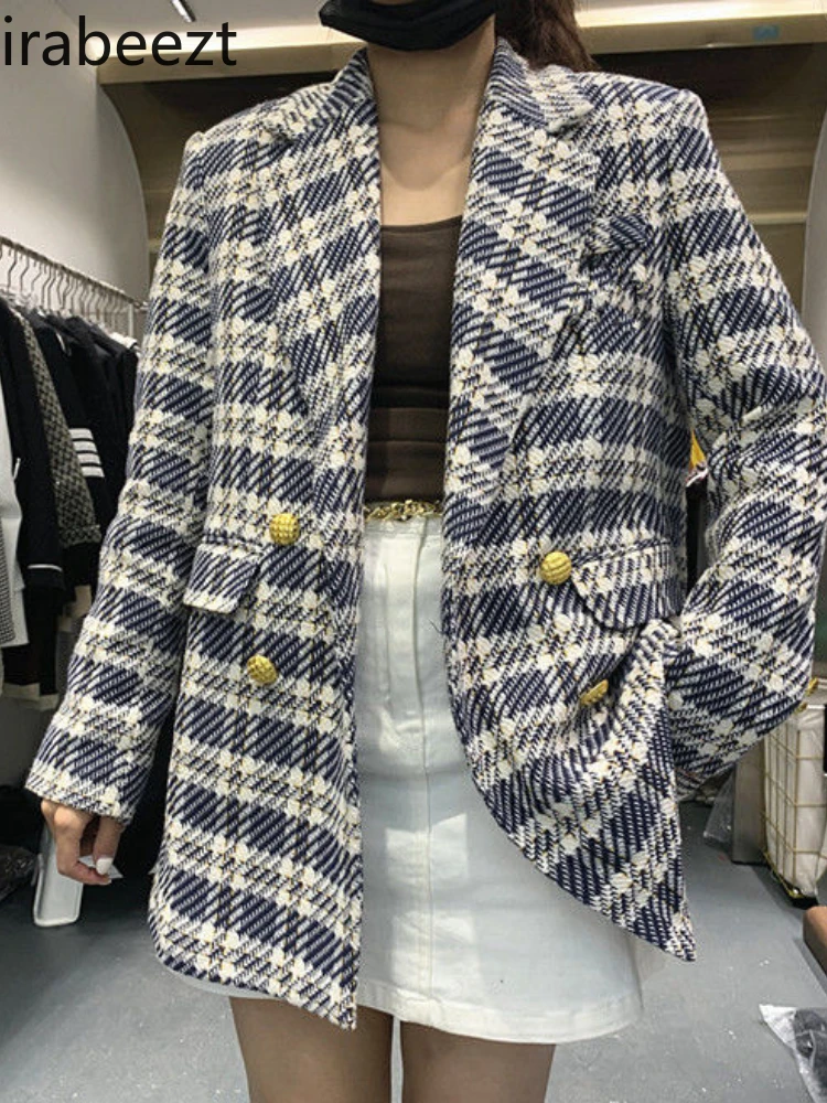 Tweed Blazer 2024 ฤดูใบไม้ร่วงและฤดูหนาวผ้าฝ้ายหนาผู้หญิงเกาหลีสไตล์แขนยาว Single-breasted Temperament TOP