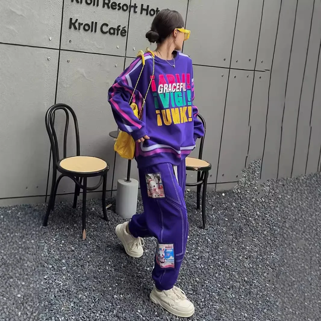 American Retro Letter Print Sweatshirts Women Spring Autumn Sweatpants Loose Leisure Sports Suit Oversized Two Pieces Suit