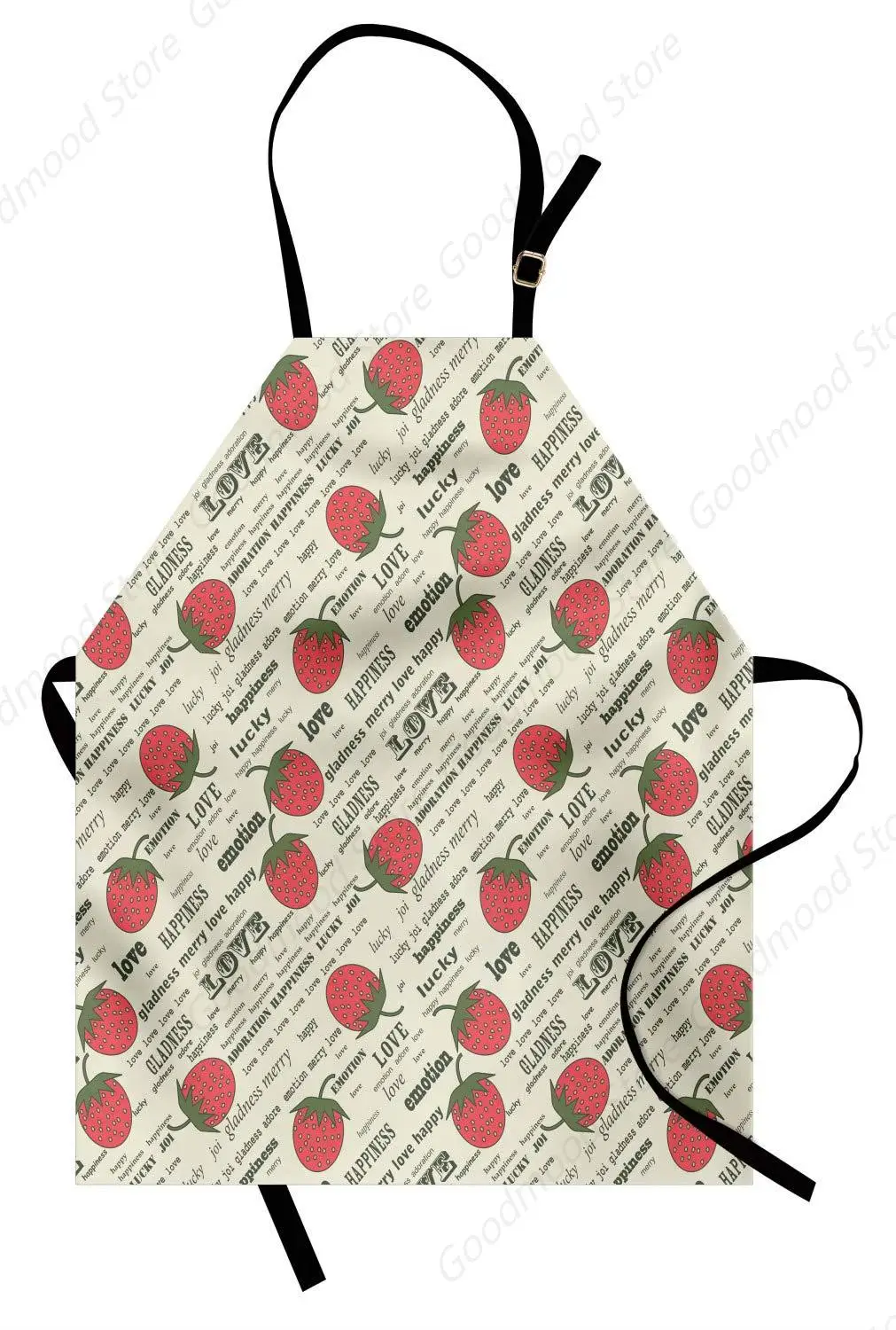 Fruits Apron, Retro Valentine Theme with Strawberry Love Happiness Merry Lucky Image, Unisex Kitchen Bib Apron with Adjustable