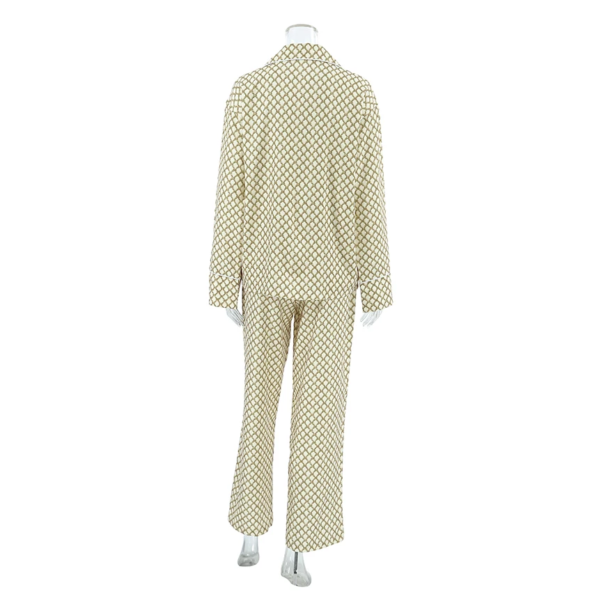 Hiloc Sleepwear Women Pajama Elegant Plaid Plunging Neckline Long Sleeve Button Top Sets Loose Floor-Length Pants Home Suit