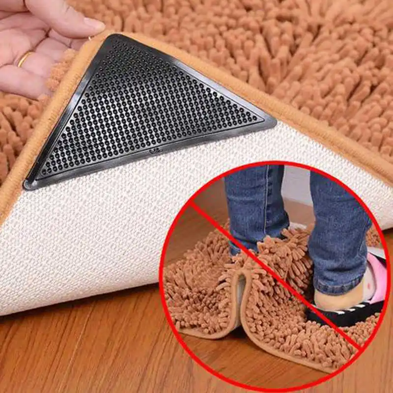 4 Pack Rug Grippers Sticky Pads 15x11x11cm Triangle Silicone Washable Reusable Anti Slip Non Skid Door Carpet Patch Floor Mat