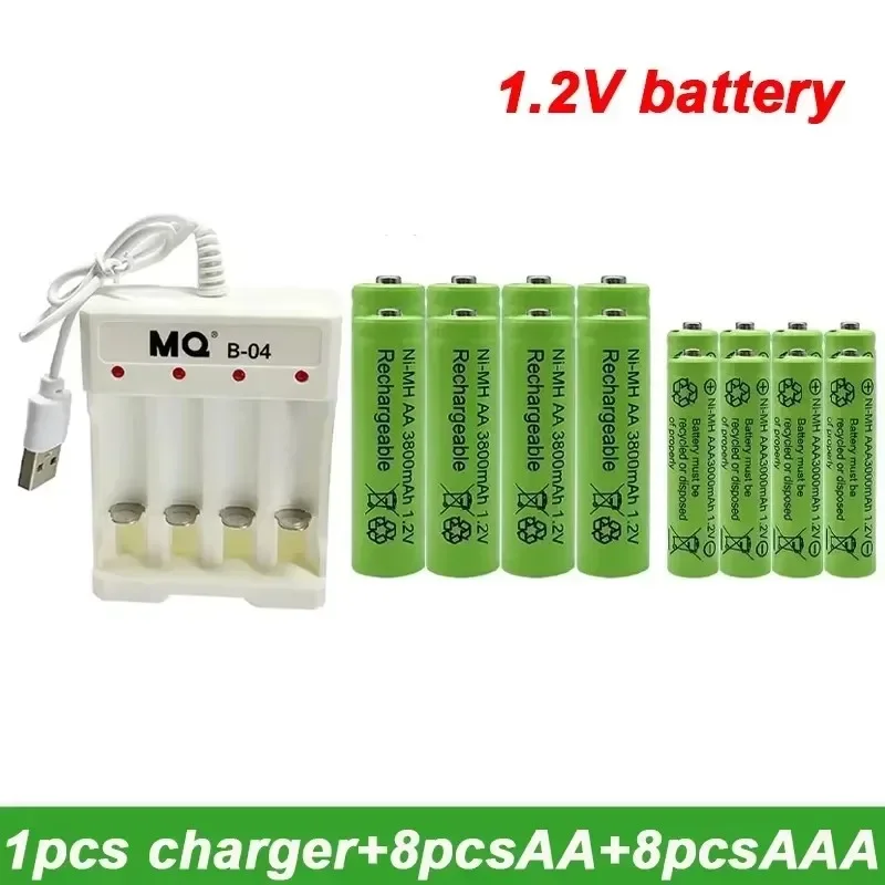 Batteria ricaricabile da 1,2 V AA 3800 mAh NI-MH + AAA 3000 mAh + NUOVO caricabatterie AA Batteria ricaricabile Batteria AA da 1,2 V NI-MH