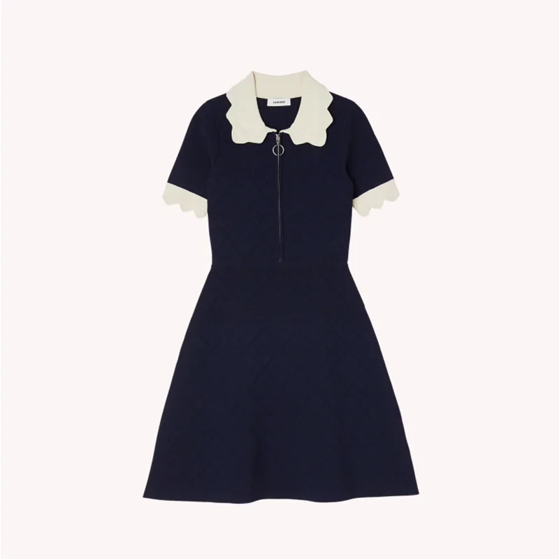 French Fashion Knitted Mini Dress Women Sweet Peter Pan Collar Short Sleeve Slimming Contrast High Waist Elegant A Line Dress