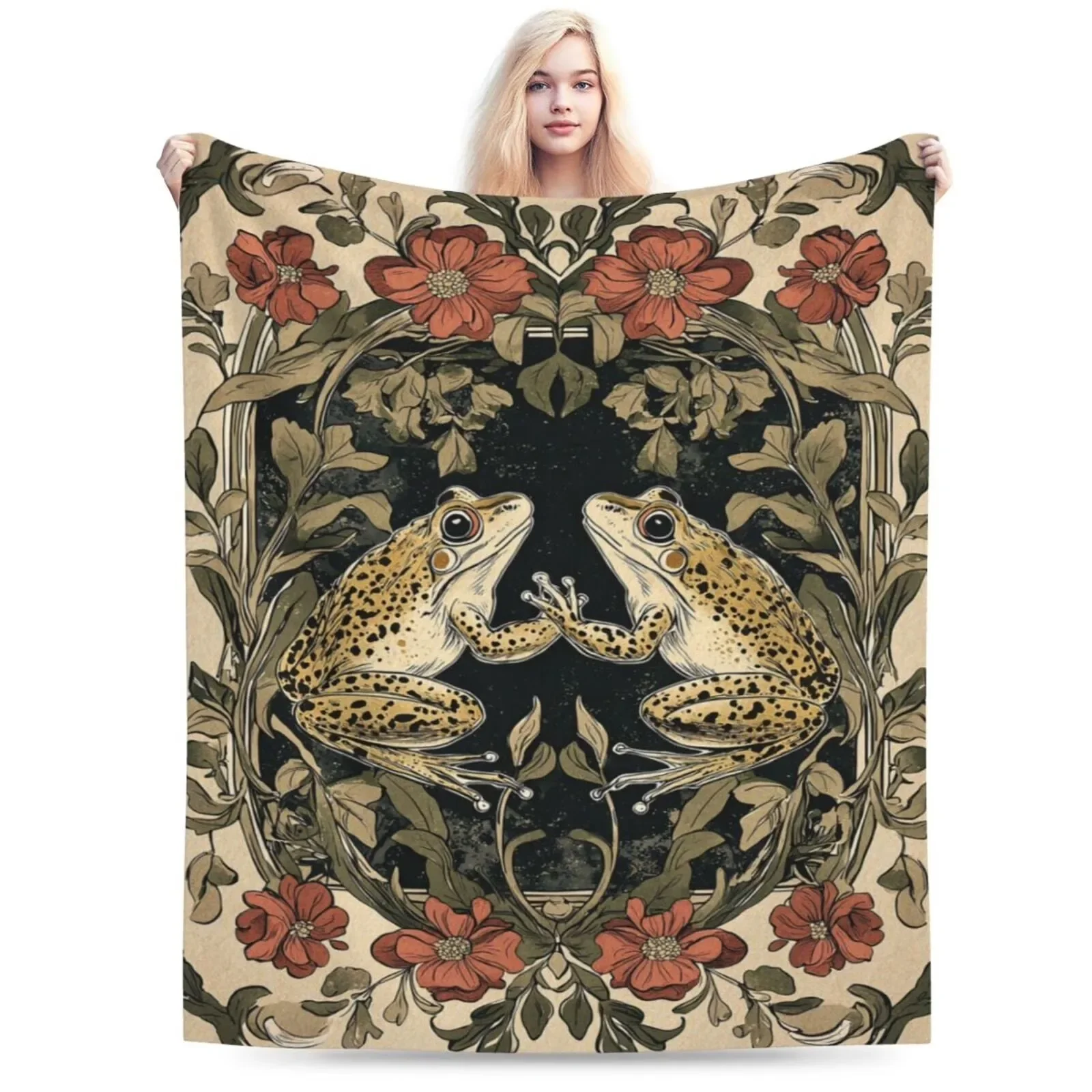 Vintage Frog Blanket Art Nouveau Botanical Fleece Throw for Home Travel Camping