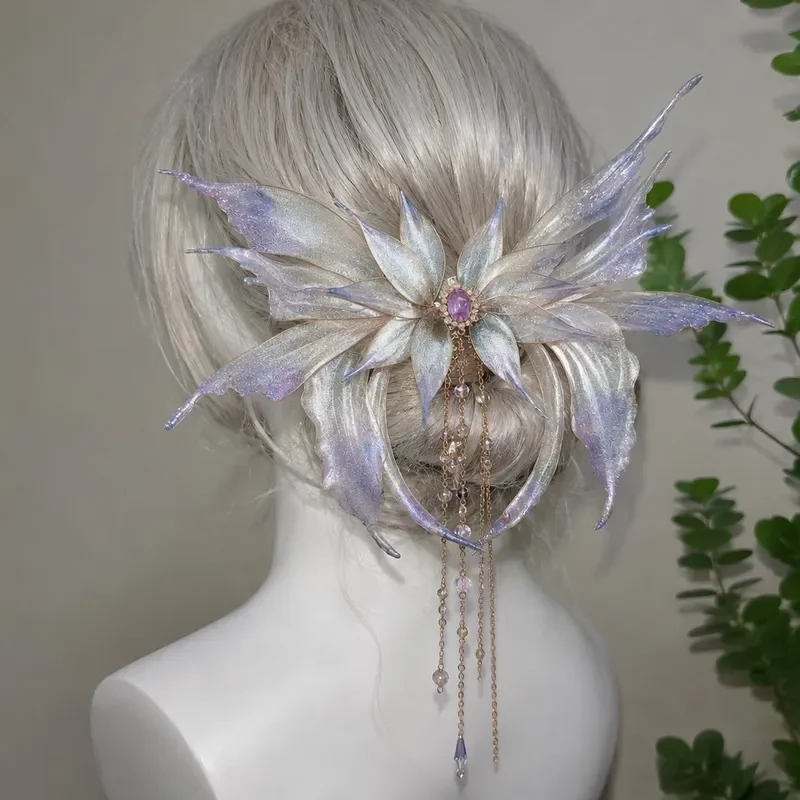 Oversized Butterfly Wing Headpiece with Moving Flower Liquid Design Fringed Fairy Princess Elf Hair Accessory for Cosplay
