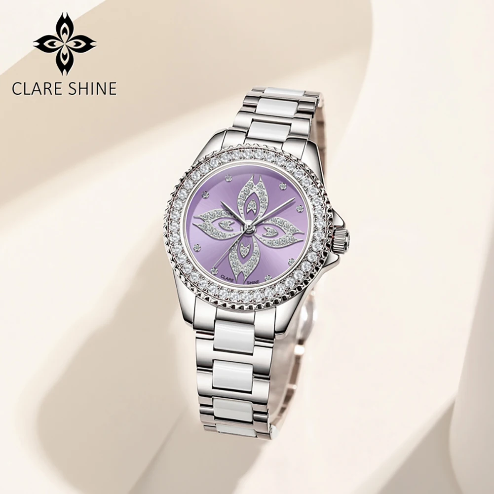 CLARE SHINE 1806 Luxury Imported Quartz Movement Watch For Women Starry Sky Dial Steel Ceramic Bracelet Light Women Watch