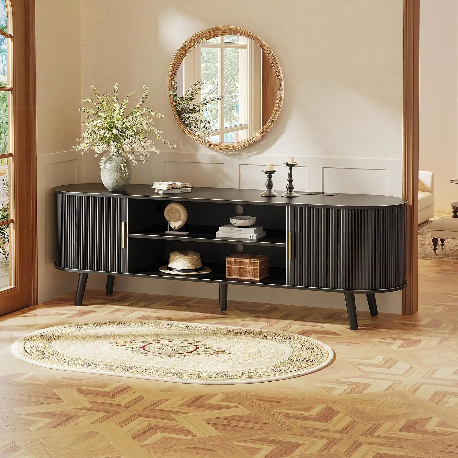 63 Inch Fluted TV Stand for 55 65 Inch TV, Console with Power Outlets & USB-C Port, Entertainment Center Storage Curved Doors