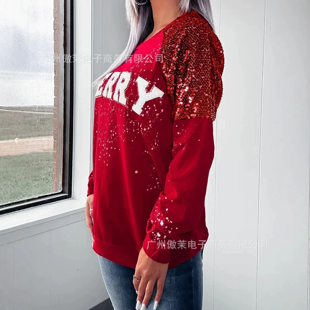 Women Merry Printed Sequined Sleeve Pullover Top Christmas Sweatshirt T Shit Fashion Casual O Neck