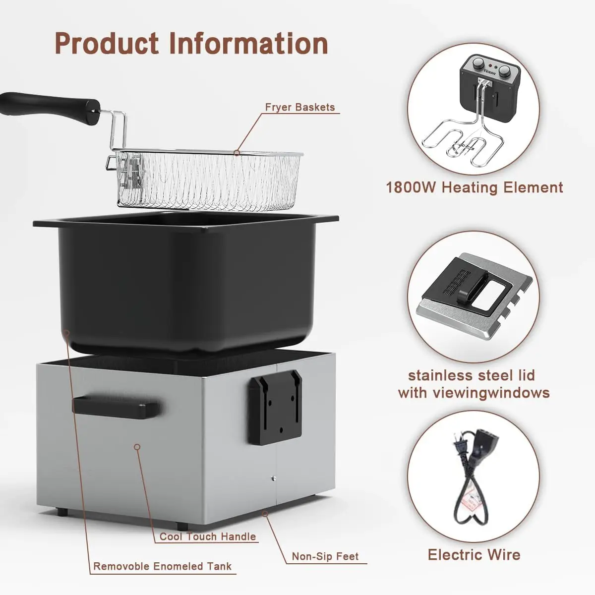 Friteuse électrique avec 3 paniers à frire, 1800W, 5 litres/21, température réglable, couvercle de fenêtre de vue, usage domestique