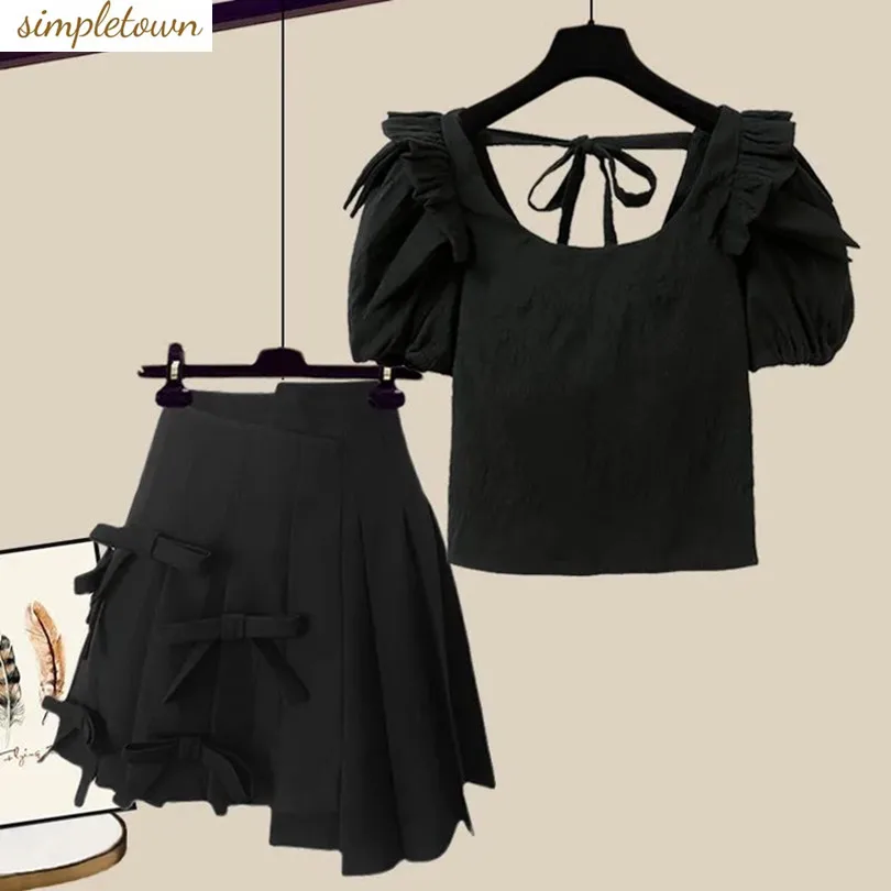 

Large Women's Spring/Summer Set 2024 New Small Fragrant Short Sleeved Top Bow Half Length Short Skirt Two Piece Set Trendy