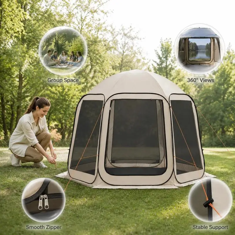 Carpa Grande con Toldo Extensible y Paredes de Malla, Toldo Portátil con Mosquitera para Patio, Camping y Fiestas, Refugio Fácil de Instalar con Bolsa de Transporte, Beige, 10x9.2 Pies, Capacidad para 4-8 Personas