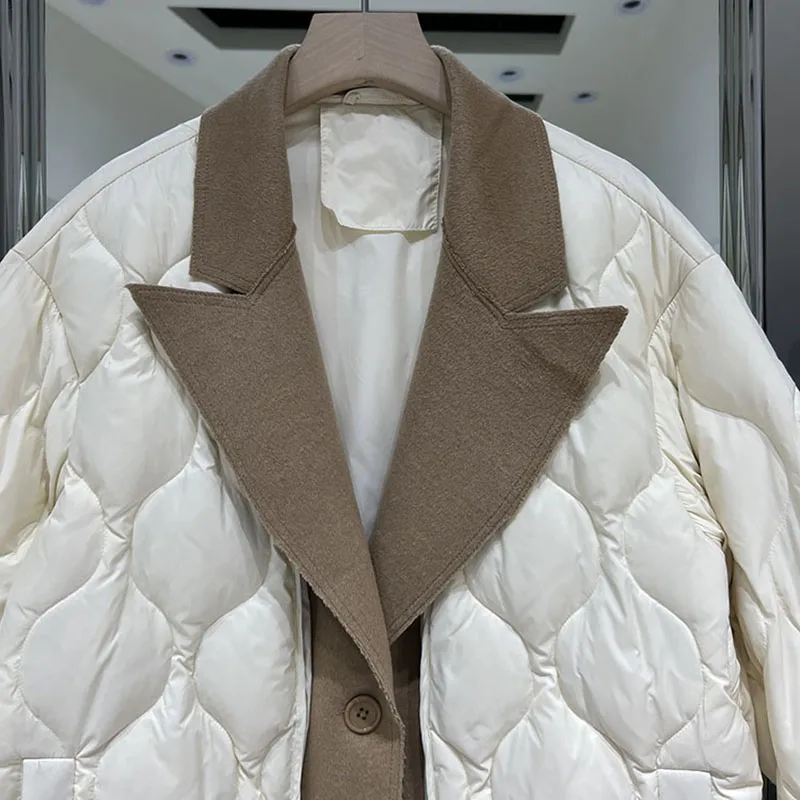 2024 Fashion Patchwork Down blazer donna inverno colletto rovesciato allentato caldo leggero elegante ufficio signora Outwear cappotti top