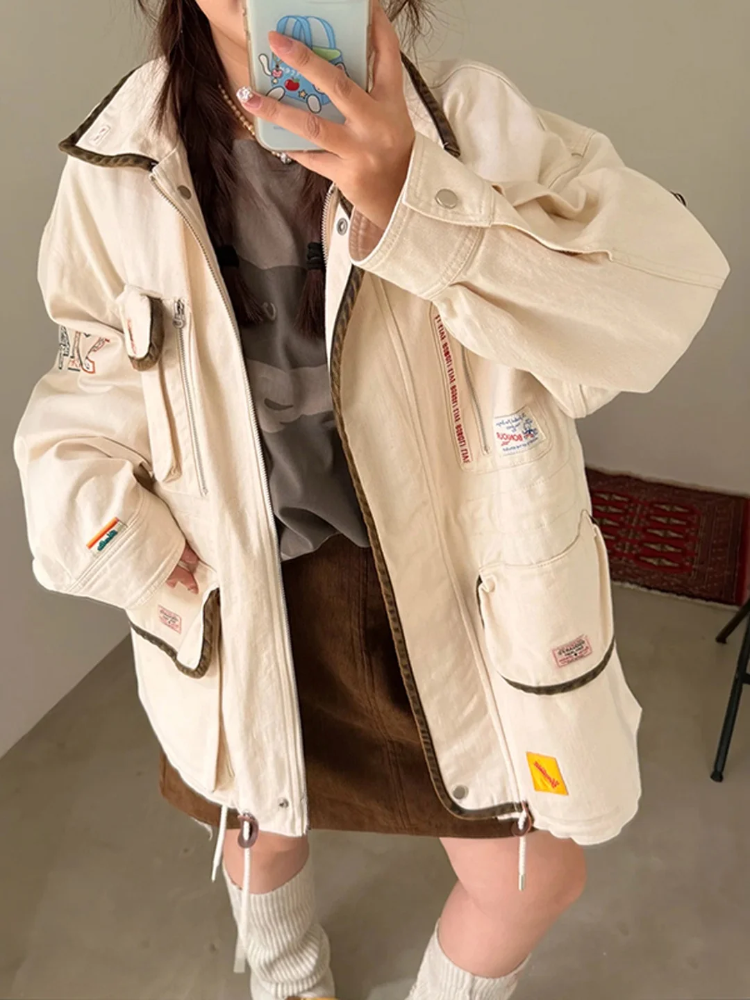 

Autumn Winter Corduroy Coat Women's Long Sve Dstring Casual Faion kets Turn-down Collar Mid-length Jaet